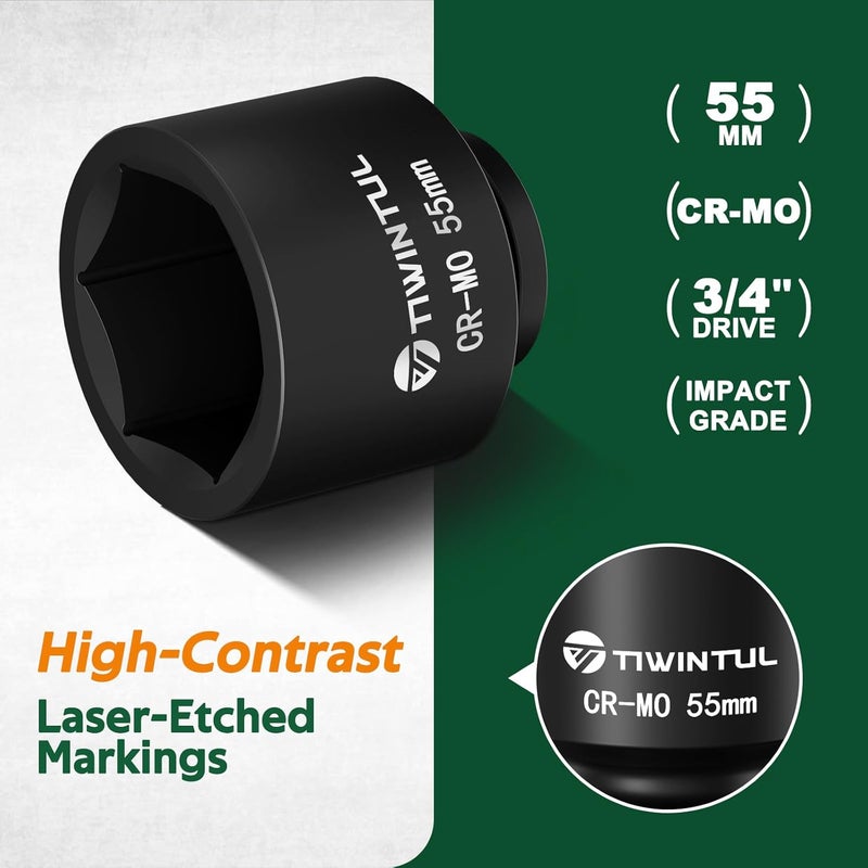 TIWINTUL 3/4 Inch Drive Metric Impact Socket 55mm, 6-Point Design, Heat-Treated Chrome Molybdenum Alloy Steel, Spindle Axle Nut Socket for Auto Repair, Easy Removal - Image 4